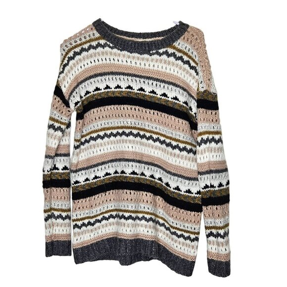 Loft Womens Open Knitted Crewneck Sweater Size S Multicolor Pink Gray Grey White - Picture 1 of 8